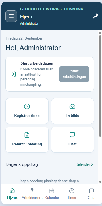 Teknikerens arbeidsflate i Guarditec-appen