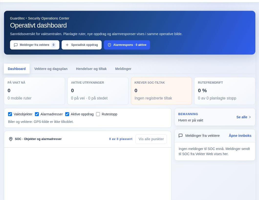 Operativt dashboard i Guarditec SOC